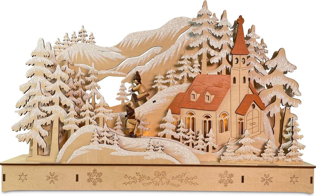 Riffelmacher Kirche mit Schlittenbahn mit LED aus Holz 44 x 8 x 29 cm