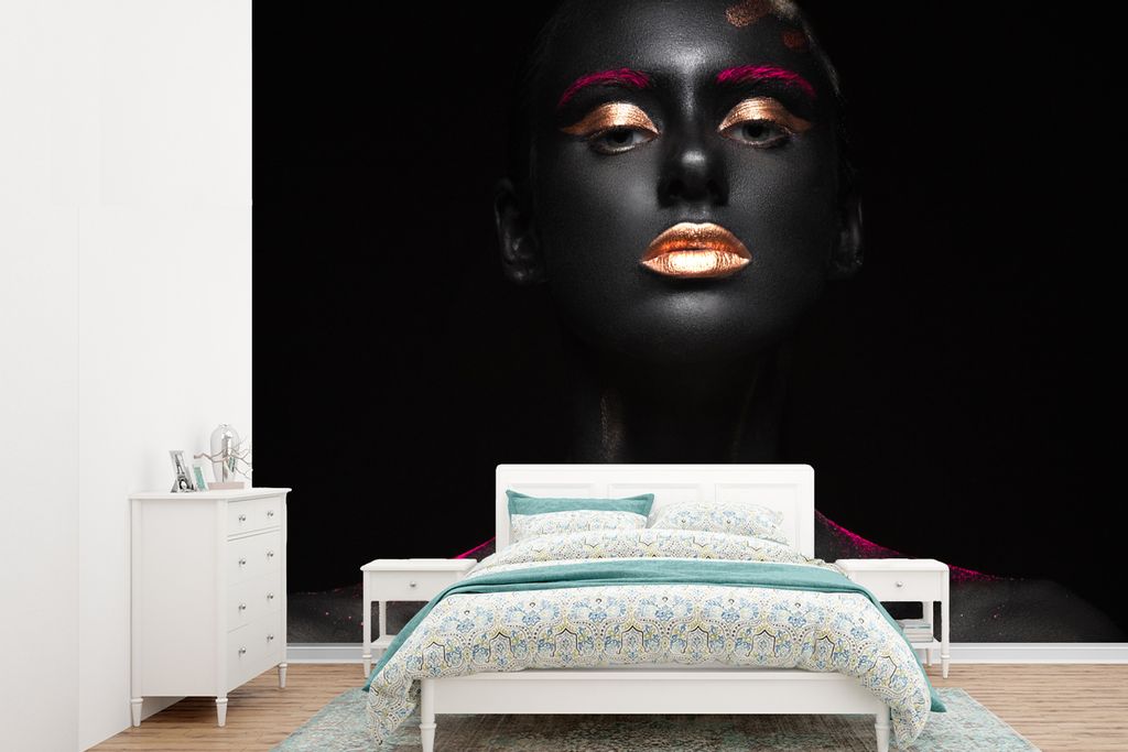 MuchoWow Fototapete für Wohnzimmer oder Schlafzimmer Wandtapete Vinyl Motivtapete Frau - Rosa - Kupfer - Schwarz - 415x300 cm - Küche