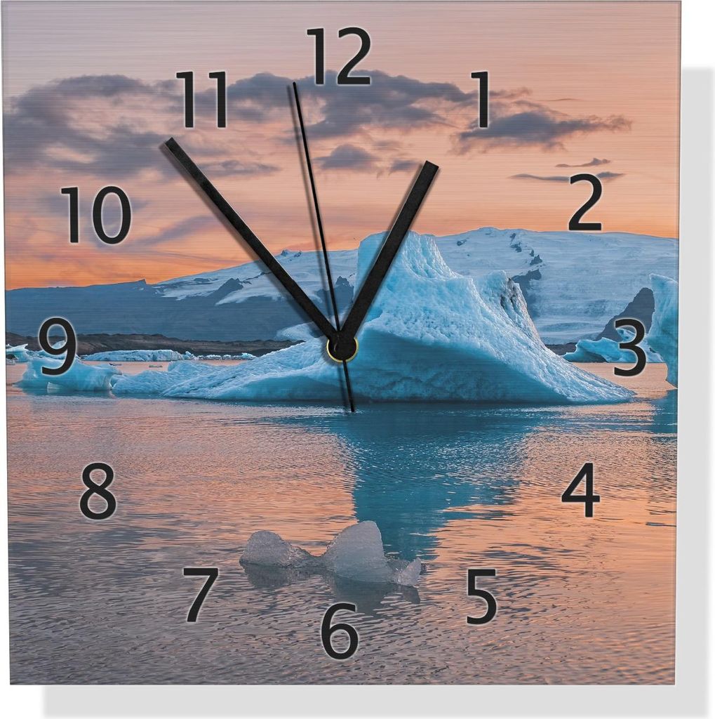 Wallario Design Wanduhr Eisberge in der Dämmerung aus Aluverbund, Größe 30 x 30 cm