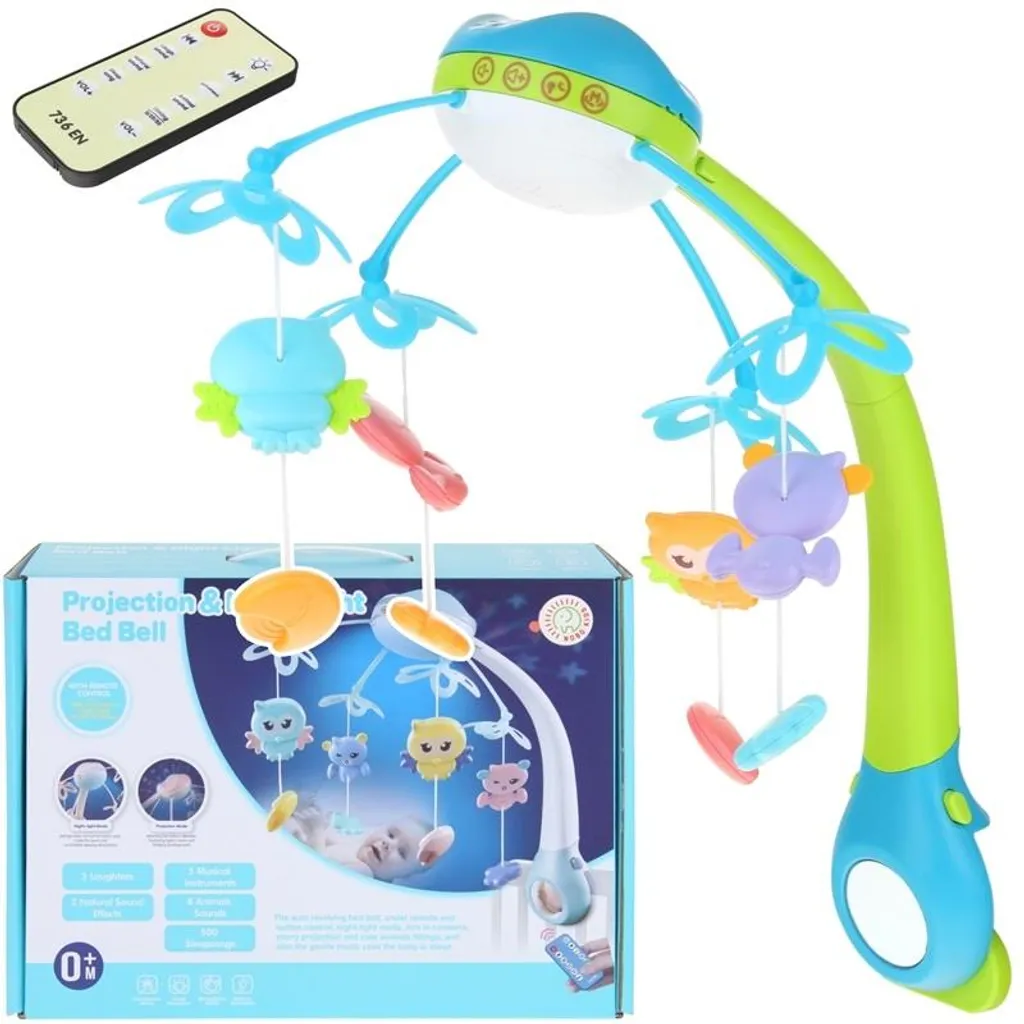 Mobile de lit bébé avec projecteur lumineux et peluches animaux bleu