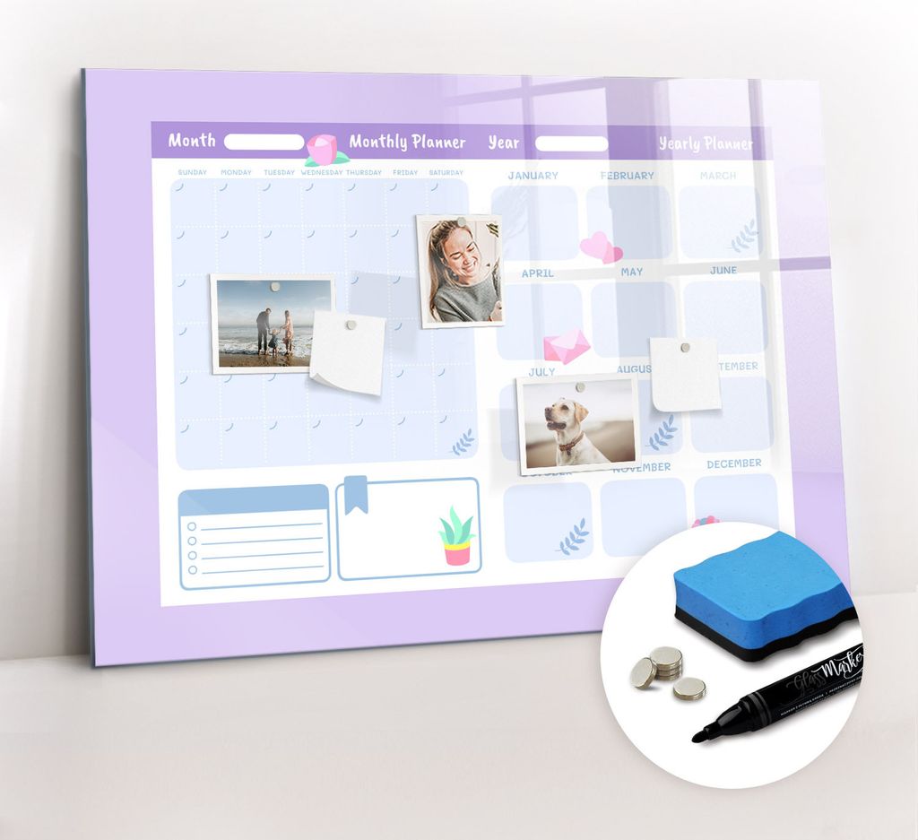 Magnetpinnwand Memoboard - Zubehörsatz - Schwarzer Marker + Schwamm + Magnete - 100 x 70 cm - Rosa Jahresplaner