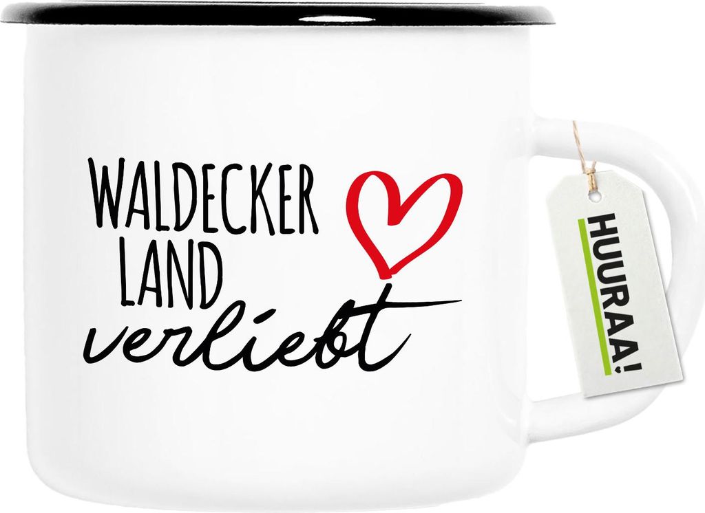 Huuraa Emaille Tasse Waldecker Land verliebt 300ml Vintage Campingbecher Geschenkidee