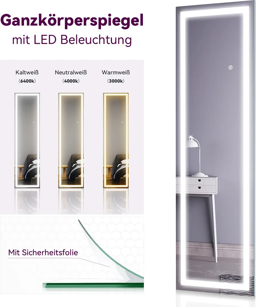 Miroir LED tricolore 40x150 cm multifonction avec réglage tactile doux - 3