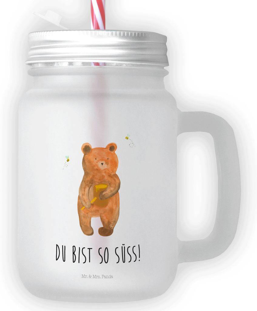 Mr. & Mrs. Panda Trinkgefäß Bär Honig - Transparent - Geschenk, glas mit deckel, Verliebte, Cocktailglas, Partner, Saftglas, Becher Strohhalm, M...