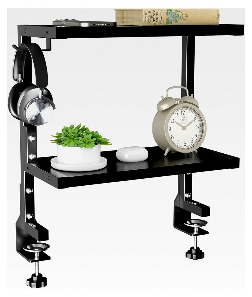 15 Zoll Clamp-on Schreibtisch Organizer, 2-stöckiges Regal für Gaming-Geräte und Tischzubehör, Schwarz