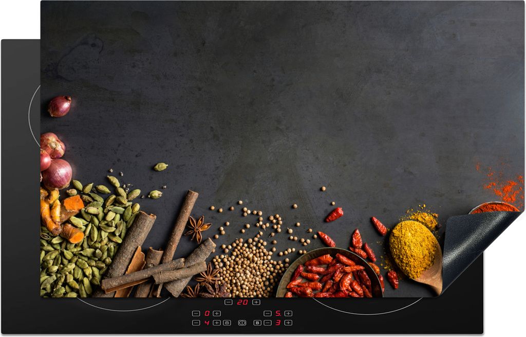 KitchenYeah Herdabdeckplatte Kräuter - Lebensmittel - Gewürze - Schwarz - Paprika - Zimt , 83x51cm, Küche Deko, Glaskeramikkochfeld Herdabdeck...