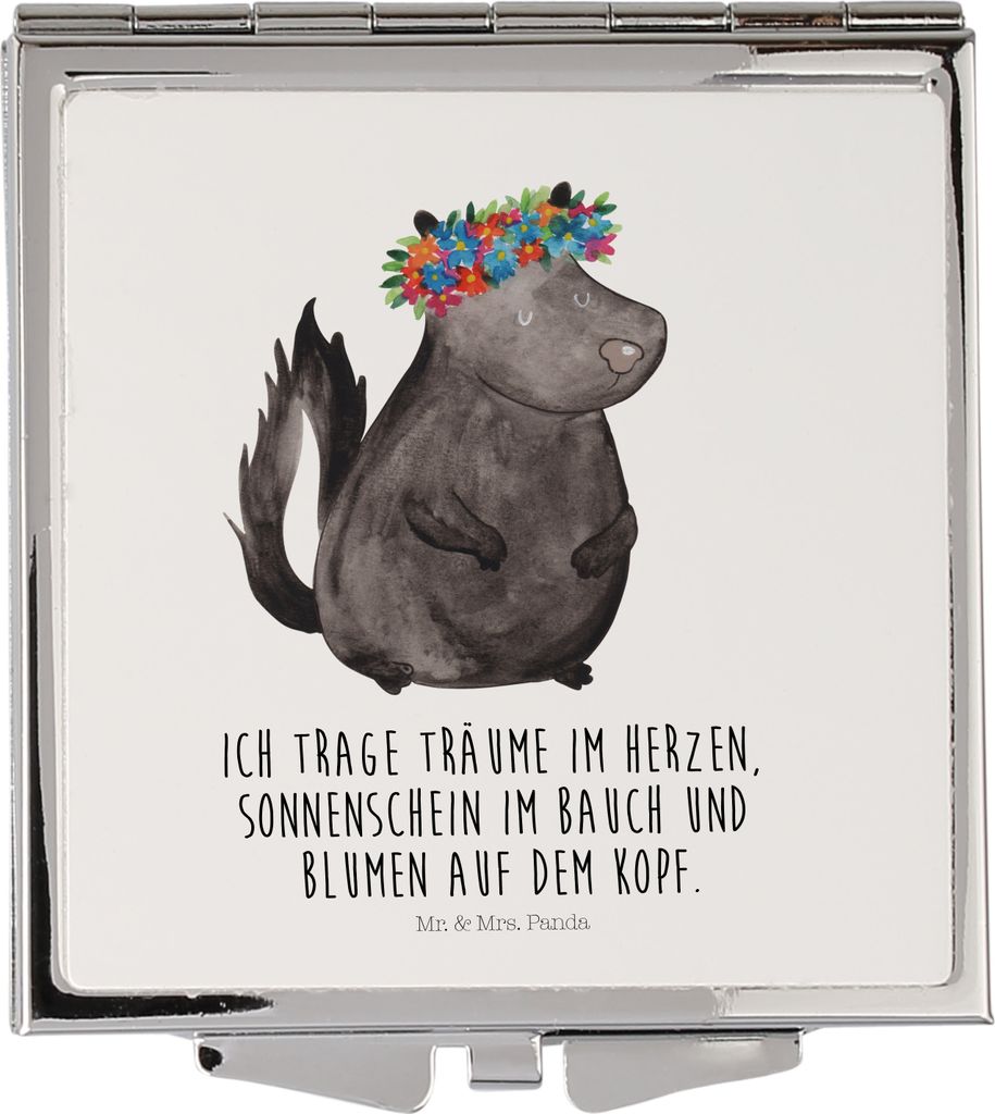 Mr. & Mrs. Panda Reise Kosmetikspiegel Stinktier Mädchen - Weiß - Geschenk, Schminkspiegel, Stinker, Klappbarer Spiegel, Raubtier, klein, Namaste...
