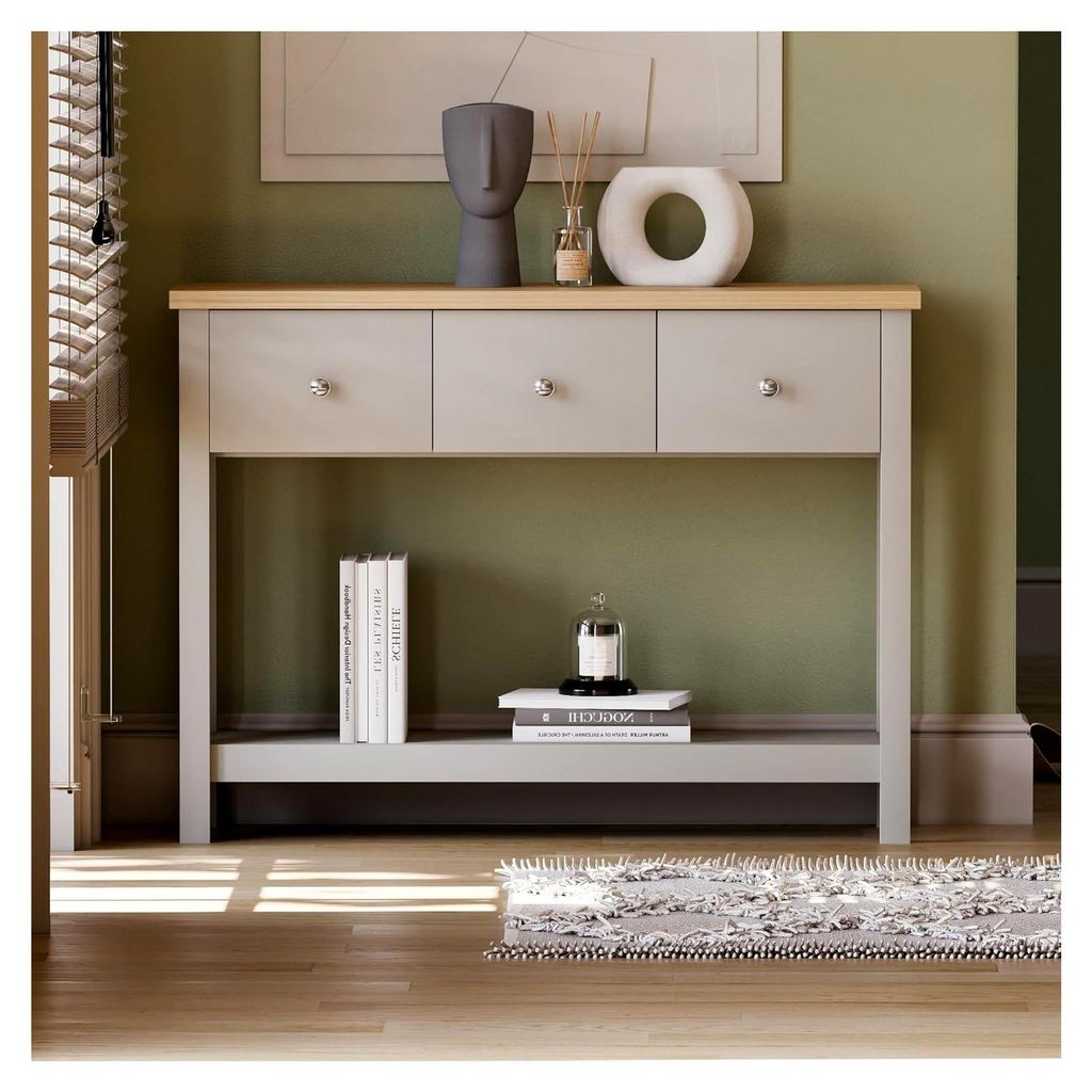 Konsolentisch mit 3 Schubladen, Regalablage für Eingang, Flur, Beistelltisch, Schminktisch, MDF, Grau