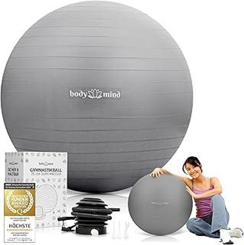 Body & Mind Gymnastikball inkl. Luftpumpe - Anti-Burst Pilates Ball, Pezziball für Schwangerschaft Ergonomischer Sitz als Büro-Stuhl, Sitzball f...