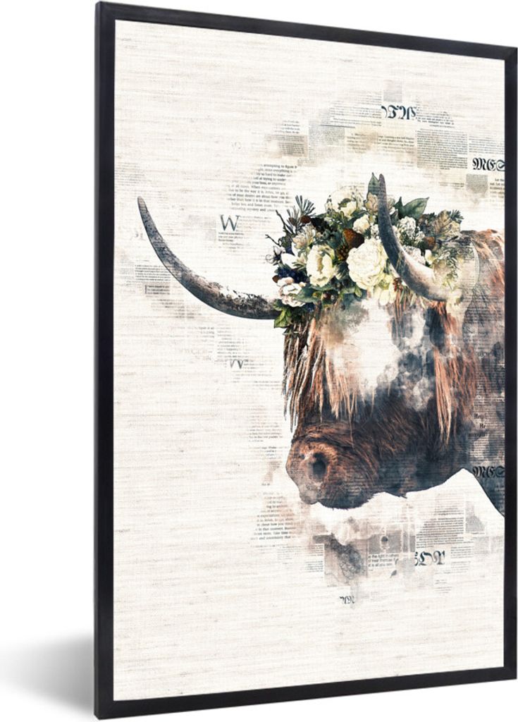 MuchoWow MuchoWow Gerahmtes Poster Scottish Hochlandrind - Blumen - Zeitungspapier 40x60 cm - Poster mit zchwarzem Bilderrahmen - Papierdruck -...