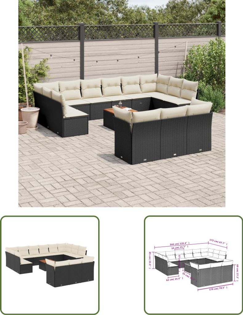 The Living Store 14-tlg. Garten-Sofagarnitur mit Kissen Schwarz Poly Rattan
