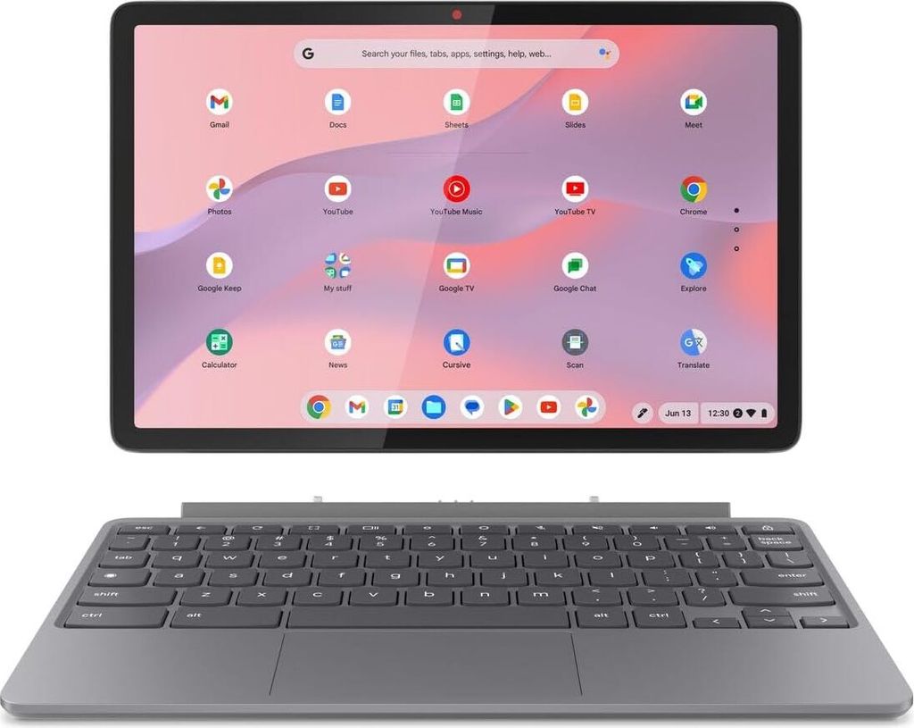 A Lenovo Chromebook IdeaPad Duet 3 tablet with its keyboard attached, displayed against a white background.