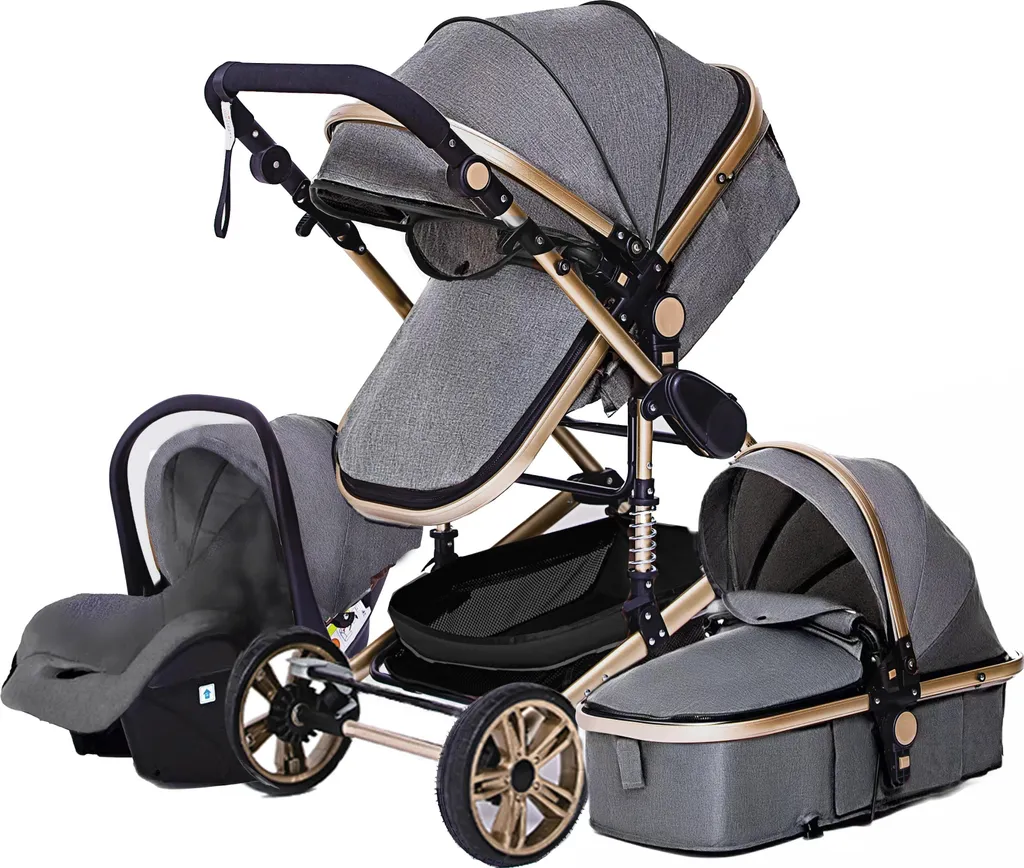 Poussette 3 en 1 paysage élevé luxe gris et doré pour bébé modèle S7