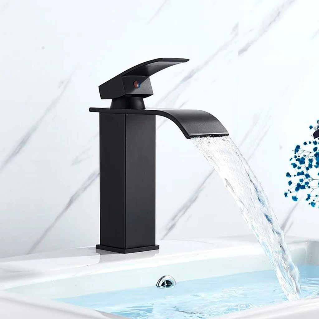 Waschtischarmatur - Einhebel-Mischbatterie - Warm-/Kaltwasser - Keramikkartusche - Einloch-Deckmontage - Wasserfall-Auslauf - Messingkörper - Matt...