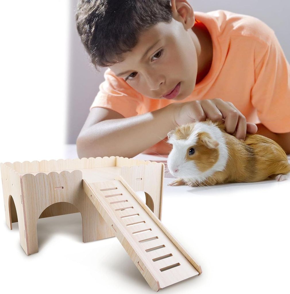 Großes Kaninchenhaus für Meerschweinchen mit 4 Eingängen: 38 x 24 x 24 cm - Zubehör für Meerschweinchen und Kaninchen - natürliches Massivhol...