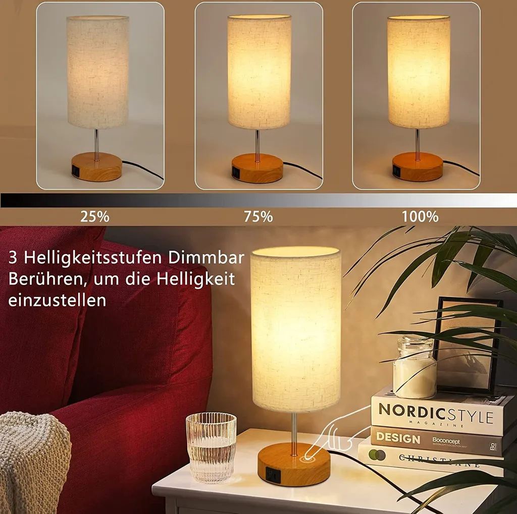 Lampe de Table Moderne E27 avec Chargeur USB et Abat-jour en Tissu x2 - 2