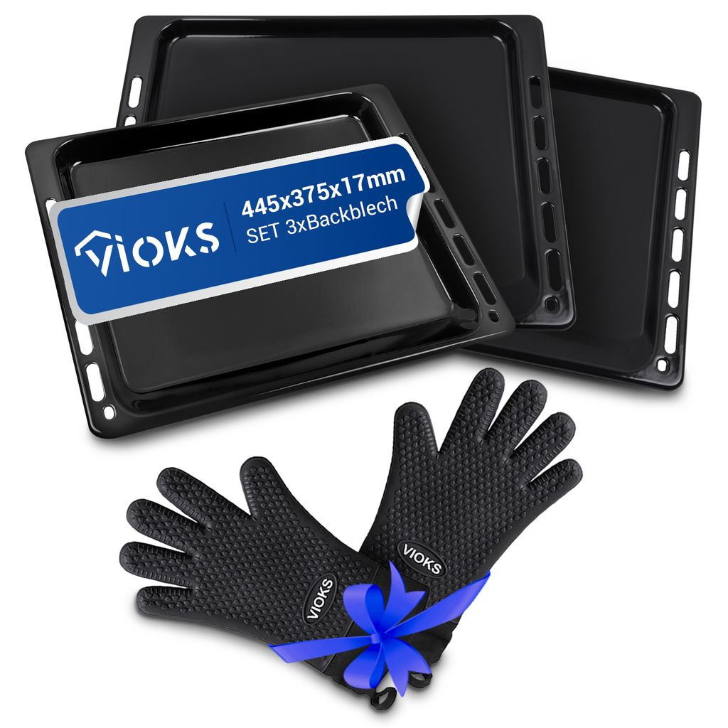 VIOKS Backblech Set 3x Alternativ Bauknecht 481241838128 mit 2 Silikon Ofenhandschuhe für Backofen