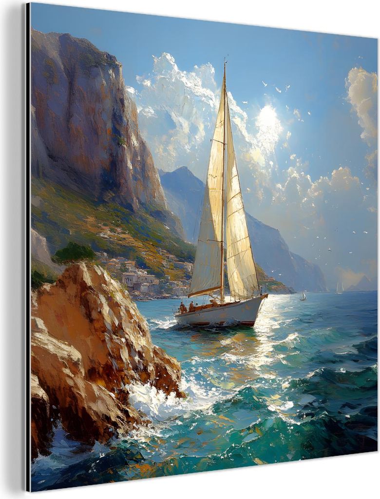 MuchoWow Wanddekoration Metall Metallbild Wandkunst 50x50 cm Segelschiff - Meer - Felsen - Wolken MuchoWow Aluminium Gemälde - Alubild - Industrial