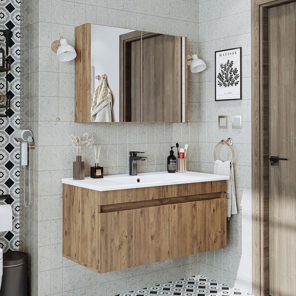 Roomart ATRIA-100 Badmöbel Set– 3-teiliges Badezimmermöbel Set - Unterschrank, Waschbecken & Spiegelschrank - H 45 x B 45 x T 100 cm - Eiche