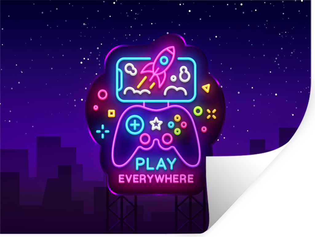 MuchoWow Wandtattoo Wandsticker Wandaufkleber Gaming - Neon - Spielen - Blau - Nacht - Controller 80x60 cm Selbstklebend und Repositionierbar - F...