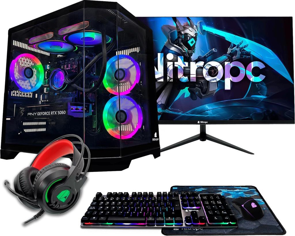 Nitropc Gaming PC Pack Gold - Intel Core i5-12400F, NVIDIA RTX 3050 8GB, 16GB DDR4, M.2 1TB, Schwarz - Monitor 24" FullHD