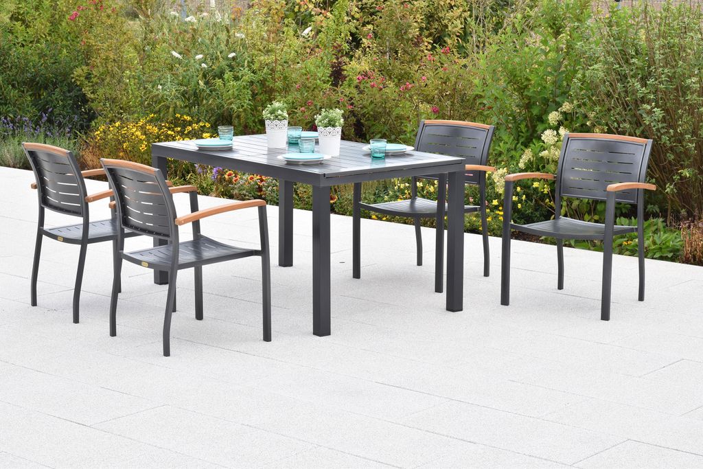 Merxx "Tinos" Gartenmöbel Set 5tlg., 4 Stapelsessel, Ausziehtisch 150 (200) x 90 cm, Aluminium