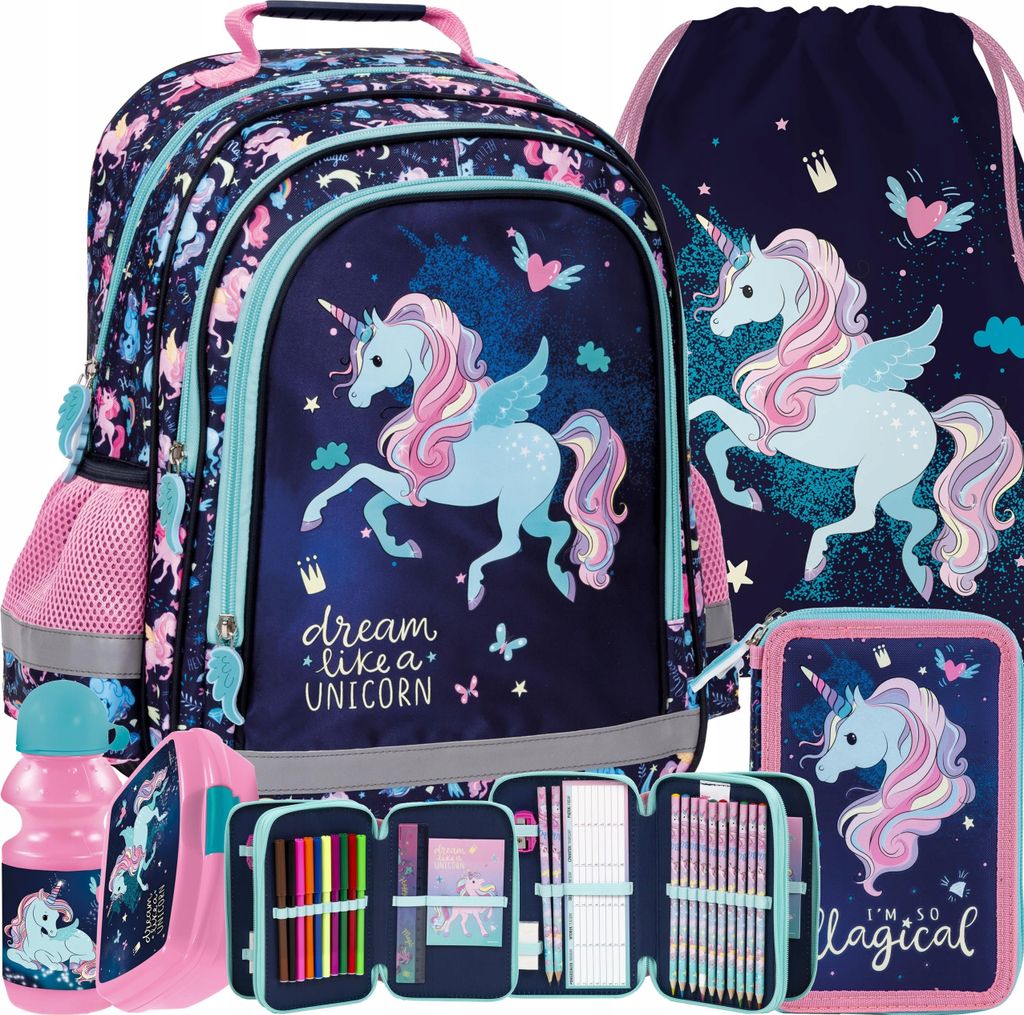 Set Schulrucksack 18l Schulranzen Federtasche Brotdose Rucksack;  Einhorn