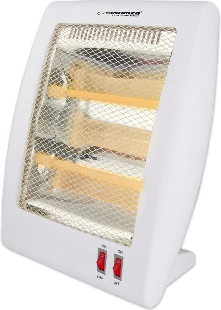 A white quartz heater with two red switches on the base.