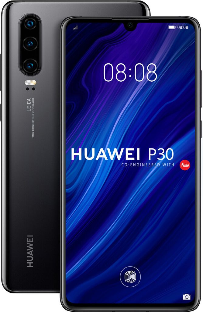 A Huawei P30 smartphone is shown from the front and back.