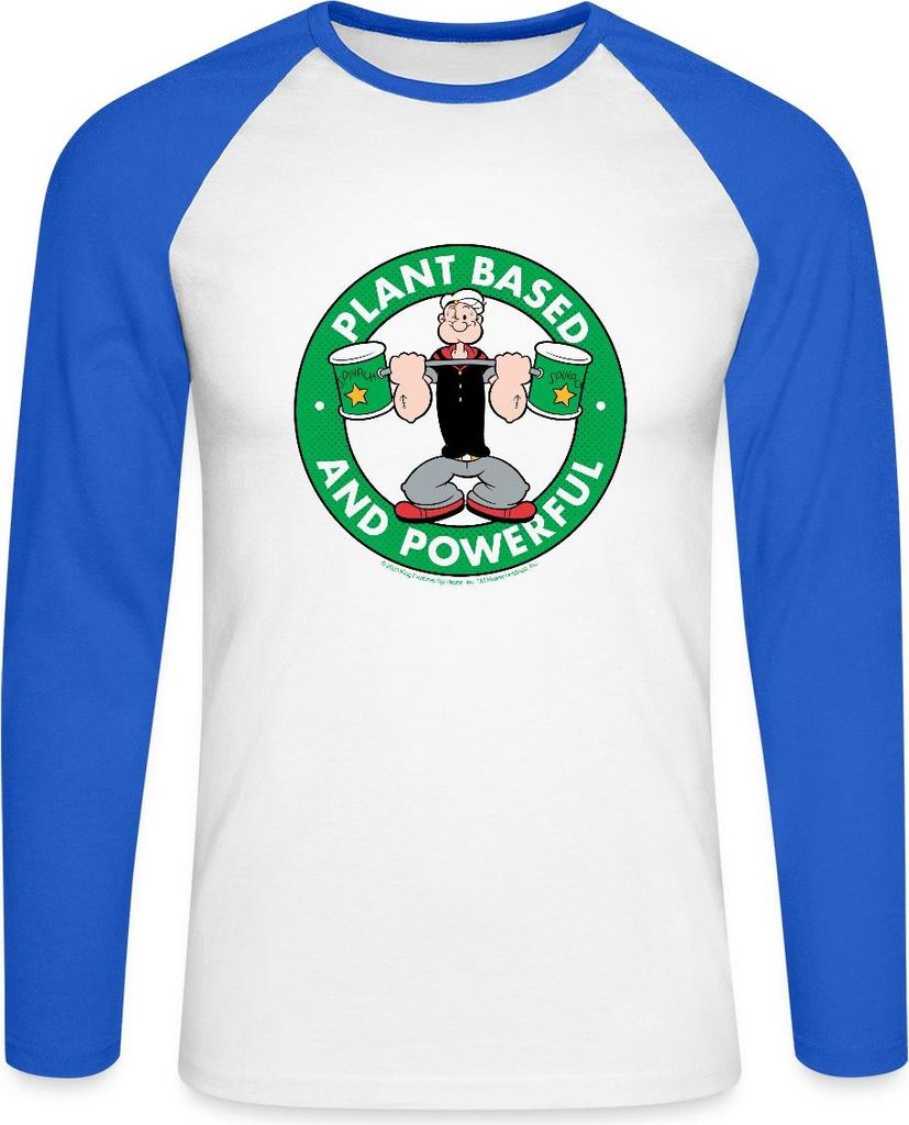 Spreadshirt Popeye Logo Plant Based And Powerful Baseball Langarmshirt Herren, XXL, Weiß/Royalblau