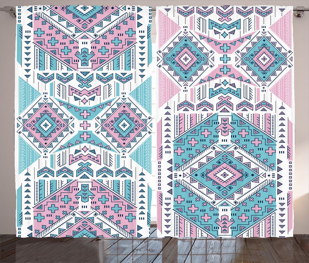 ABAKUHAUS Stammes Rustikaler Vorhang, Rosa Teal Aztec, Wohnzimmer Universalband Gardinen mit Schlaufen und Haken, 280 x 245 cm, Pale Pink und Teal