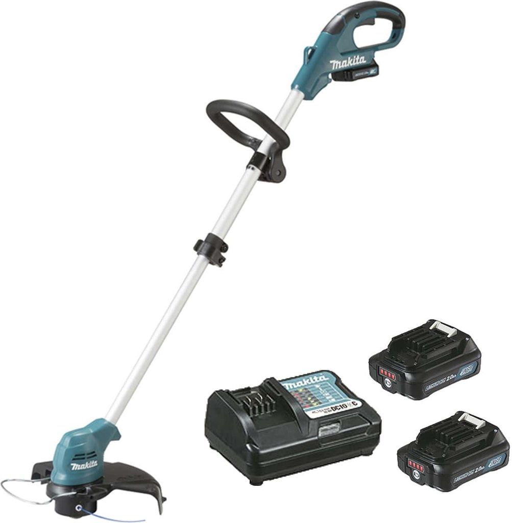 A cordless string trimmer with two batteries and a charger, displayed on a white background.