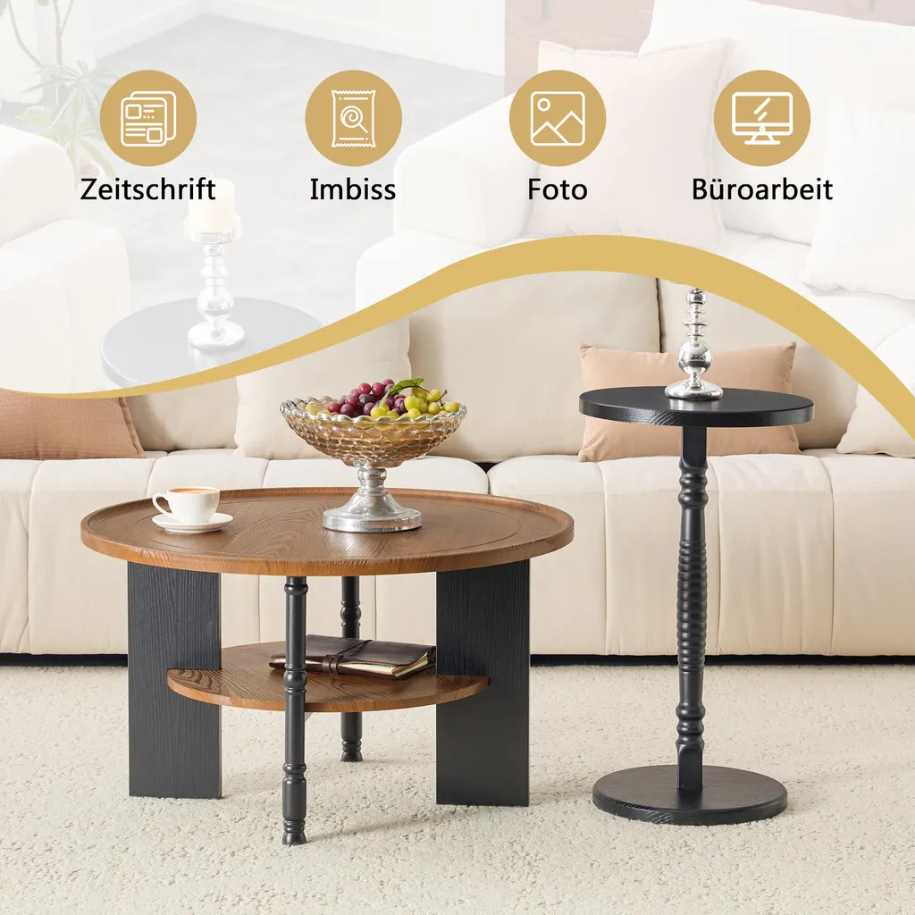 Table basse ronde 80cm avec rangement et table d'appoint en bois - 6