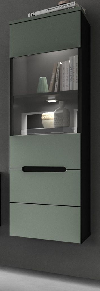 Vitrine "Cooper" Salbei Grün und Basalt Grau hängend / stehend 36 x 125 cm, Soft-Close