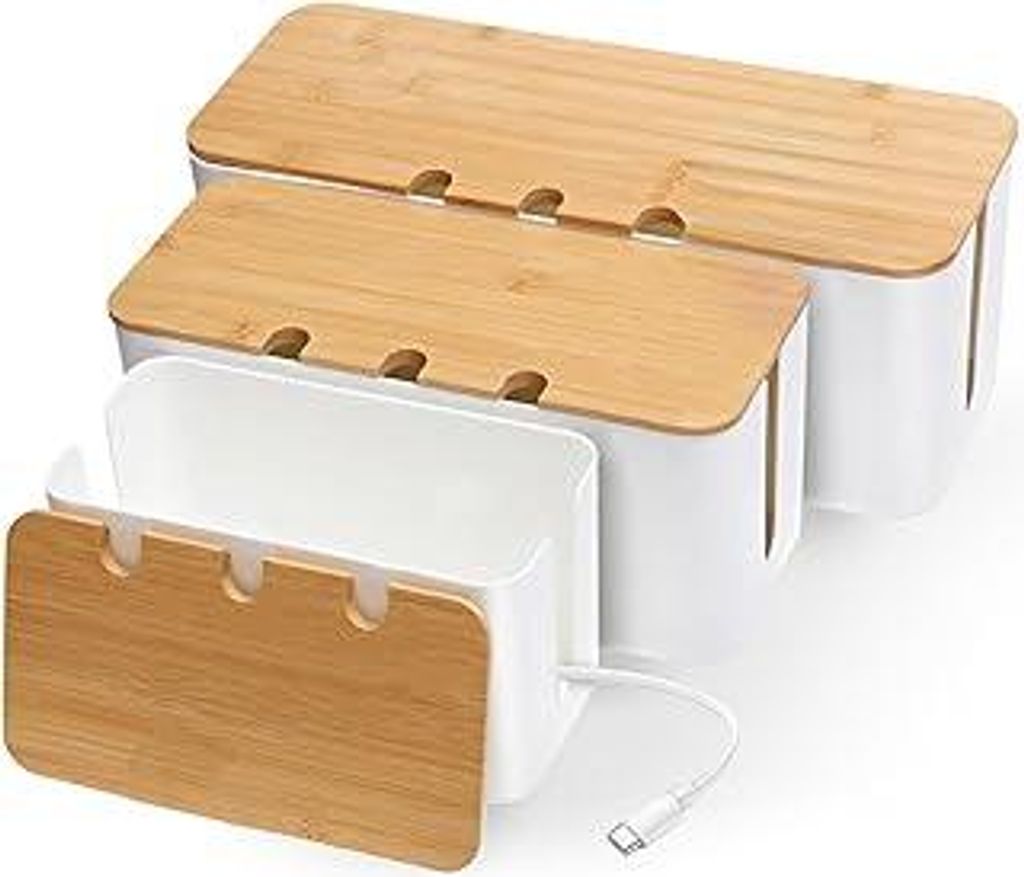 3 Stück Kabelbox, Kabel Organizer Box, mit Gelochtem Holzdeckel, Kabelmanagement Box zum Verstecken von Steckdosen und Kabeln, Drei Größen, Gro...