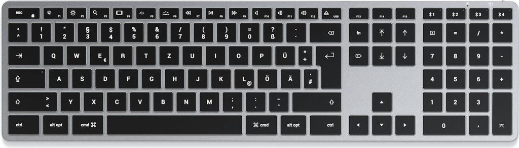 A top-down view of a silver and black wireless keyboard.