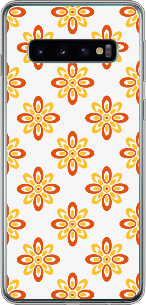 MuchoWow Handyhülle Schutzhülle Hülle für Telefoonhoesje Samsung Galaxy S10 Muster - 70er Jahre - Blumen - Orange Silikon Softcase Handy Hül...