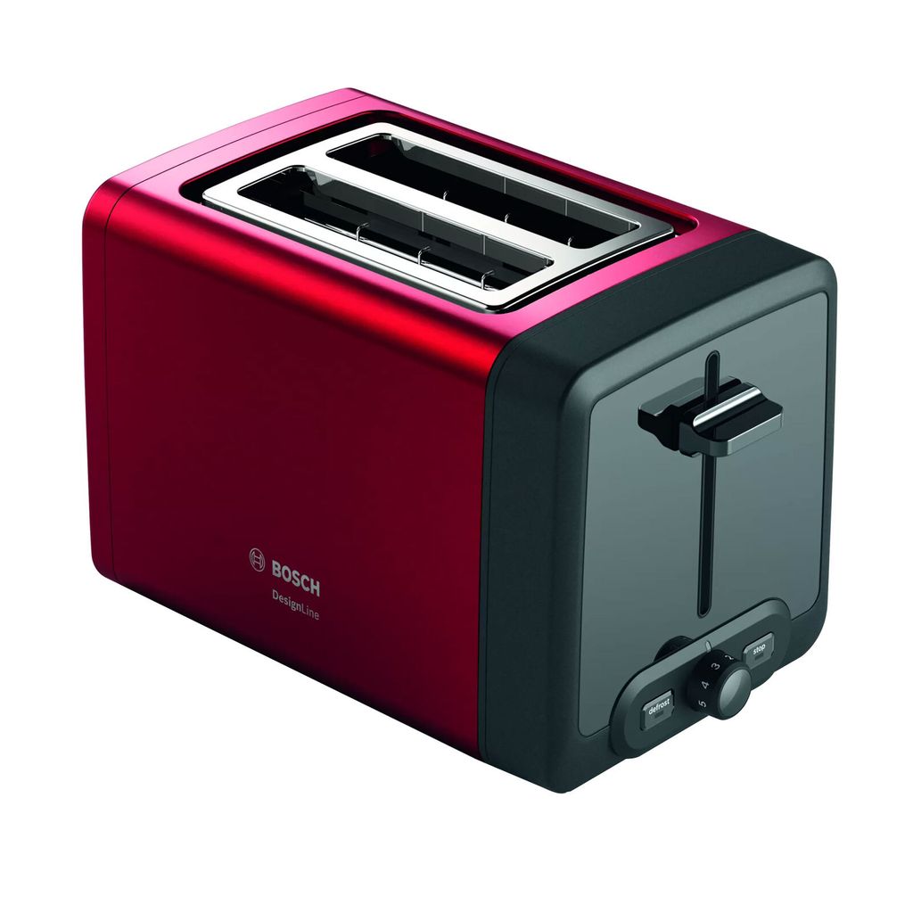 A red Bosch toaster is shown against a white background.