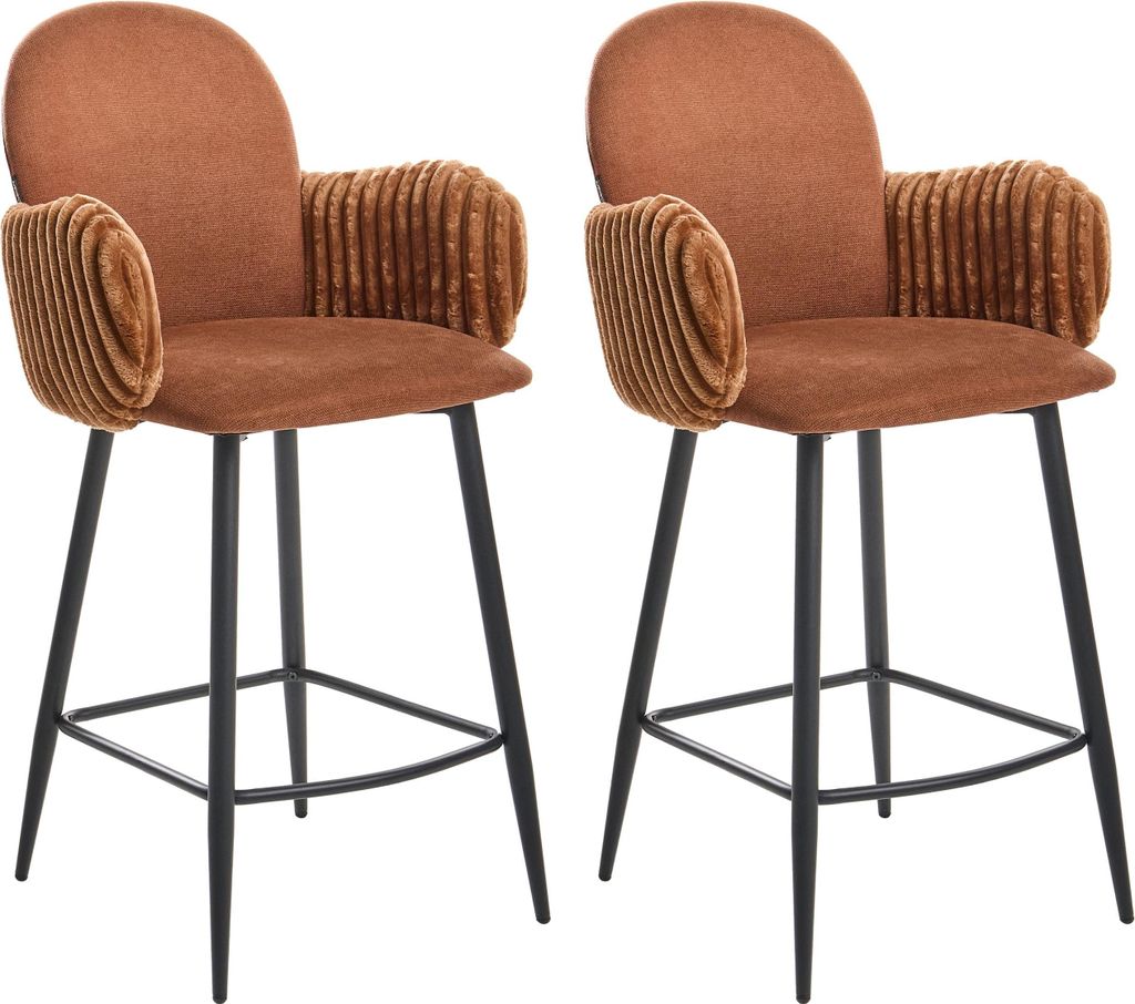 BELIANI Barstuhl 2er Set Braun Stoff mit Armlehnen aus Samt Gepolstert Rundes Design Eleganter Moderner Stil Barhocker für Theke Esszimmer Küche