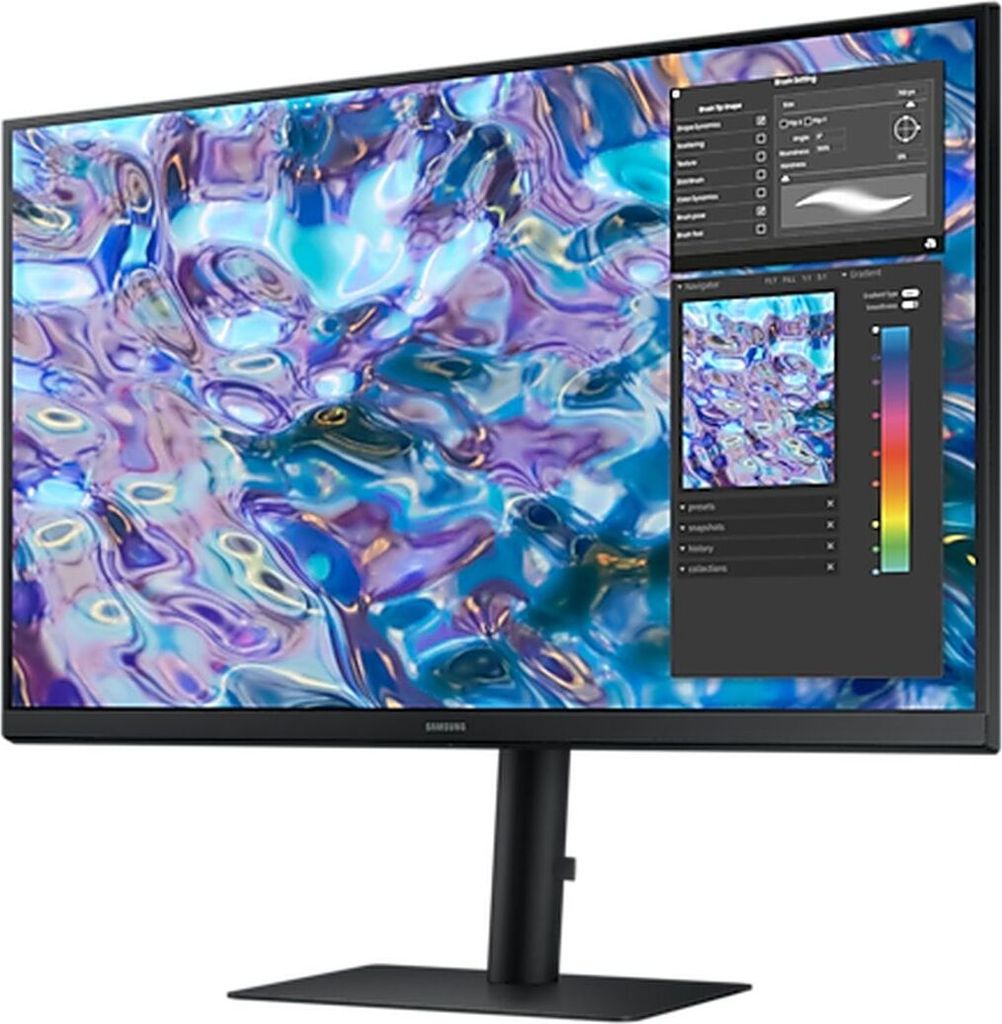 A Samsung monitor displaying a colorful abstract image and software interface.