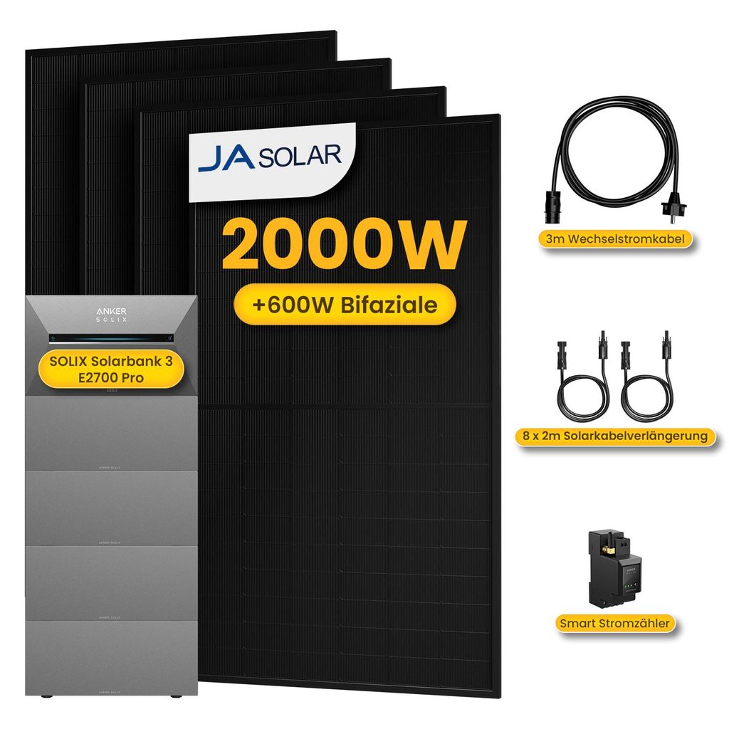 Powerness Balkonkraftwerk mit Speicher, Anker SOLIX Solarbank 3 E2700 Pro und 4x BP2700 Erweiterungsakku, 4x 500W JASolar PV Panel & Smarter Zähler