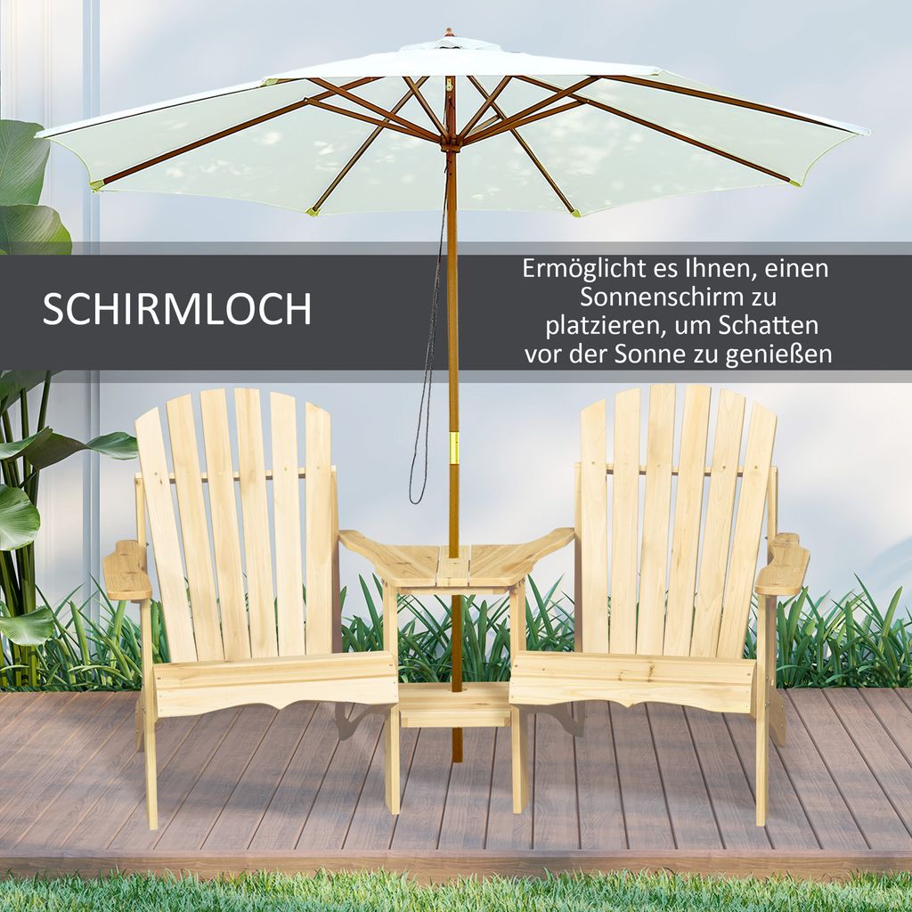 Outsunny Adirondack Gartenstuhl mit Tisch und Schirmloch 2 Sitzer Gartensessel Sitzgruppe Gartenmöbel für Balkon Massivholz Natur 178 x 87 x 92 cm