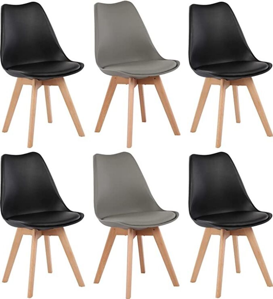 Six dining chairs, four black and two gray, arranged in two rows of three against a white background.