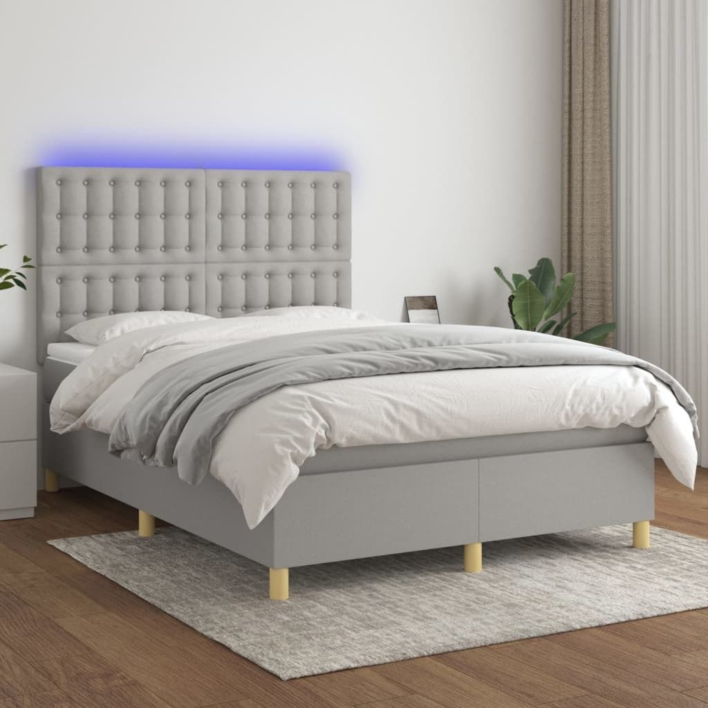 The Living Store Boxspringbett mit Matratze & LED Hellgrau 140x200 cm Stoff