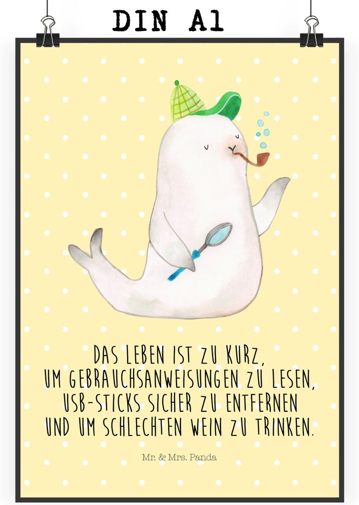 Mr. & Mrs. Panda Bild Robbe Sherlock DIN A1 - Gelb Pastell - Geschenk, drucke, wanddeko, Wandbild, Lustige Sprüche, Posterdruck, Kunstdruck