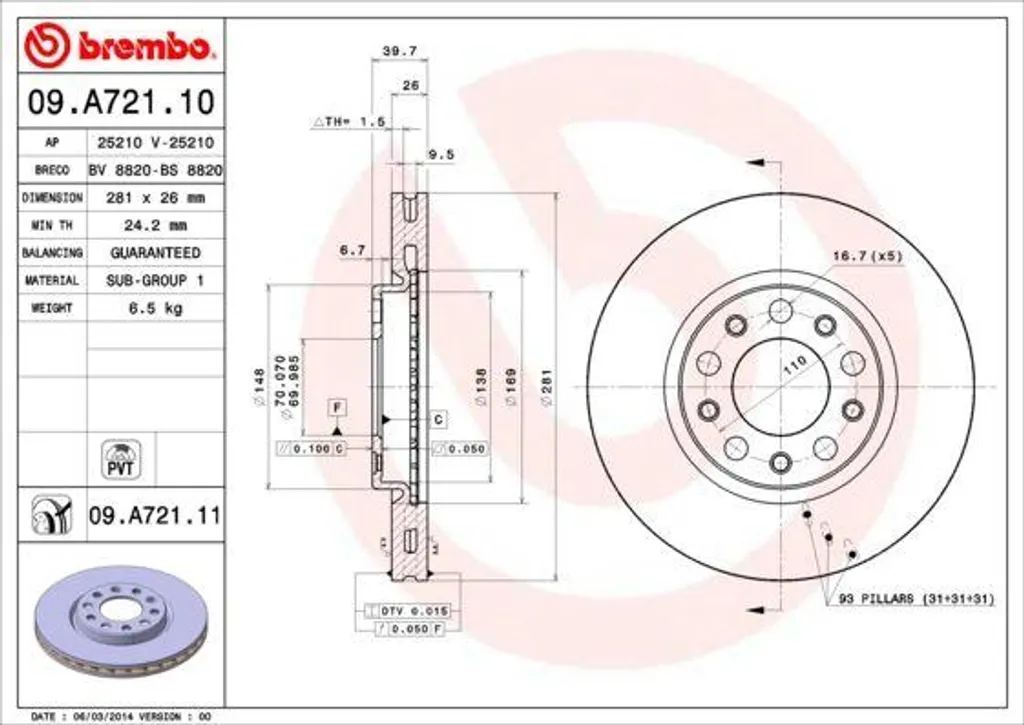 Brembo 09.A721.11 Disque de Frein OE 51806278 pour Fiat 500X et Jeep