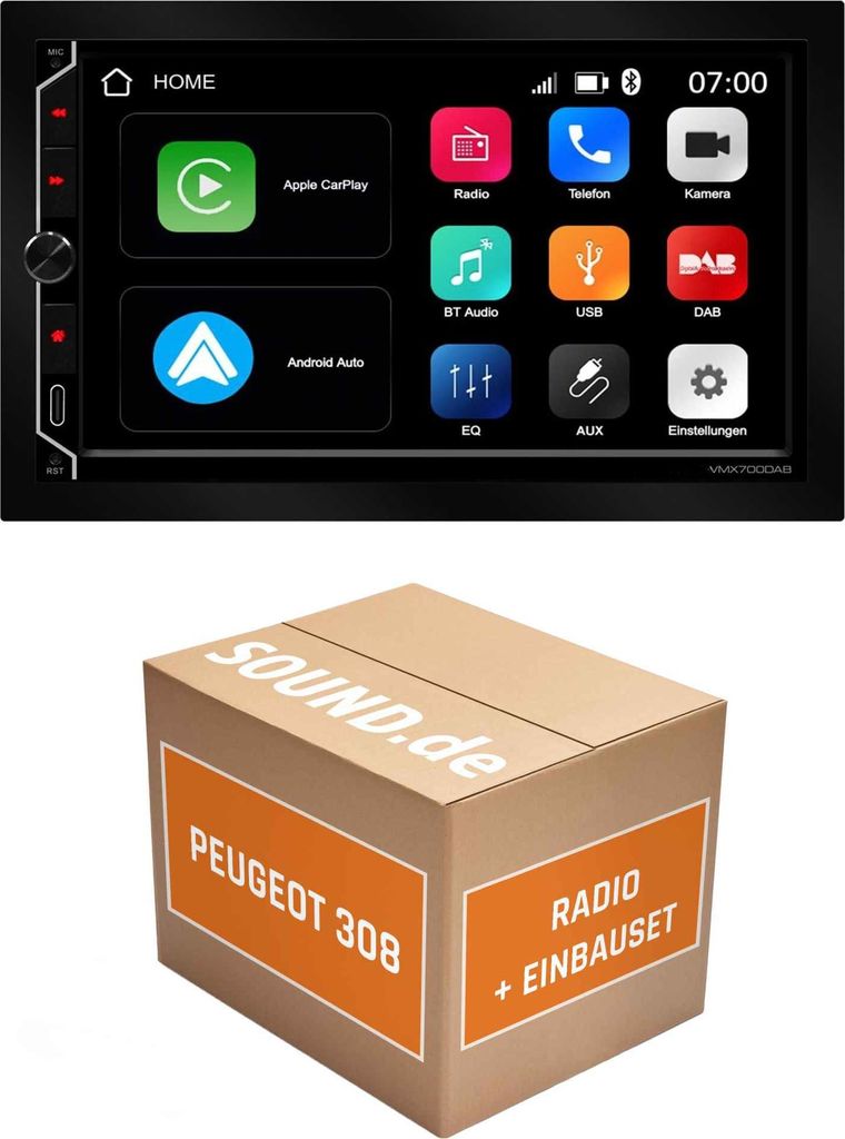 Autoradio Einbaupaket ESX VMX700DAB passend für Peugeot 308 I + Radiovorbereitung Facelift | CarPlay Wireless Android Auto Wireless Bluetooth