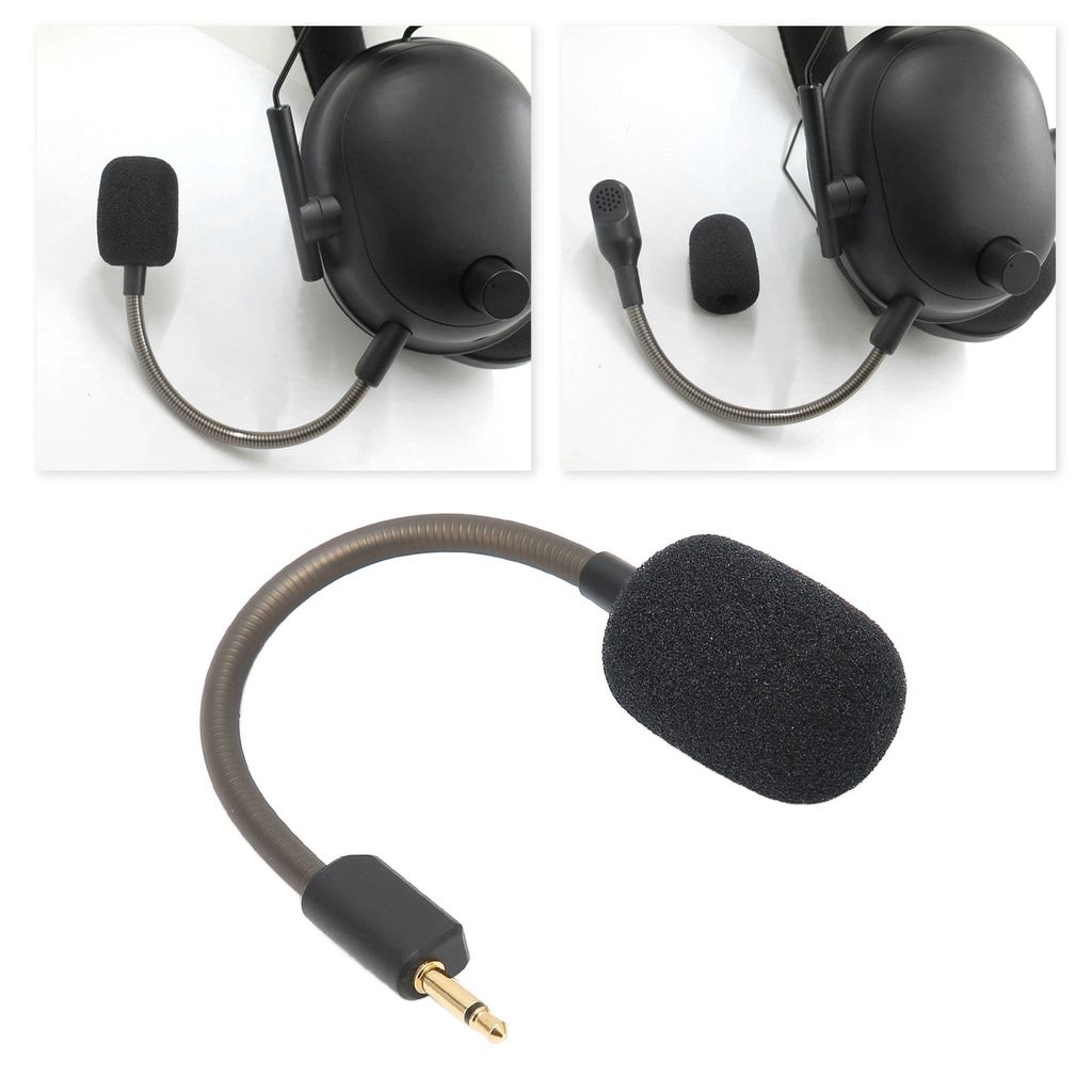 A collage of images showing a replacement microphone for a gaming headset, with close-ups of the microphone and its connection.