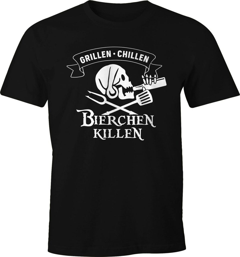 Herren T-Shirt Grillen Chillen Bierchen Killen Pirat Skull Bier Spruch lustig Fun-Shirt Moonworks schwarz 3XL