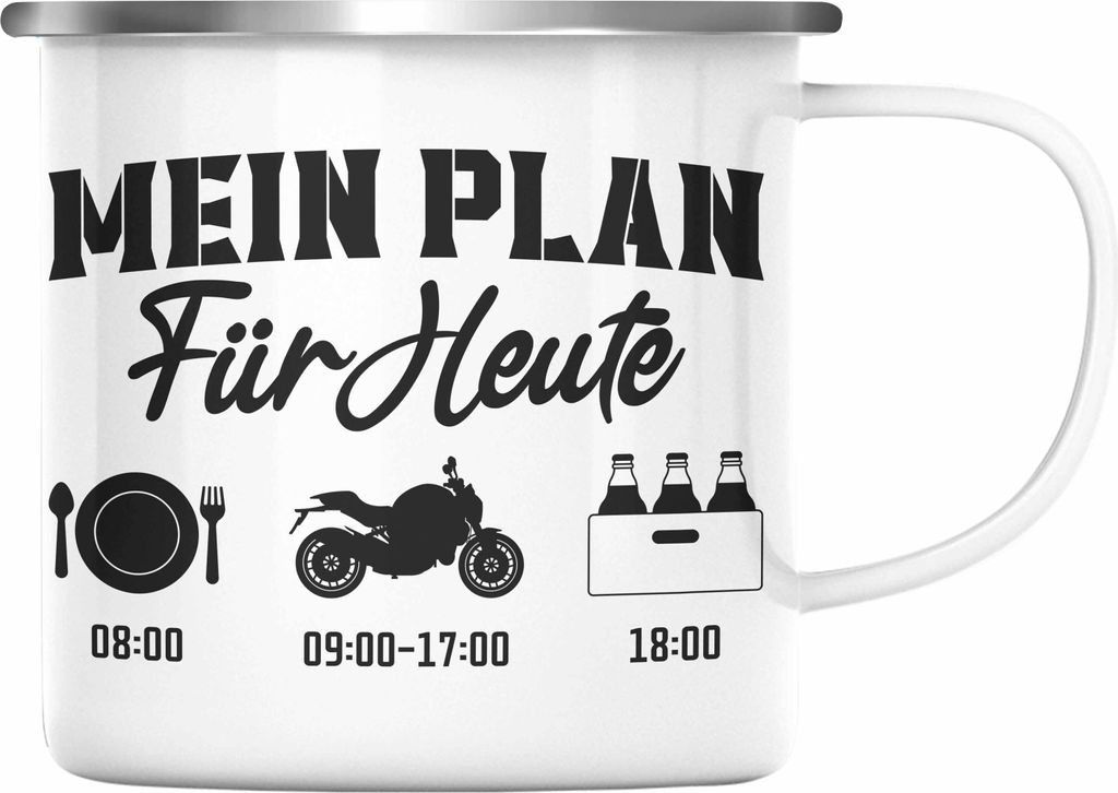 Trendation - Motorradfahrer Geschenk für Männer Motorrad Emaille Tasse Sprüche Emaille Emaille Tasse für Biker Herren (Silber)